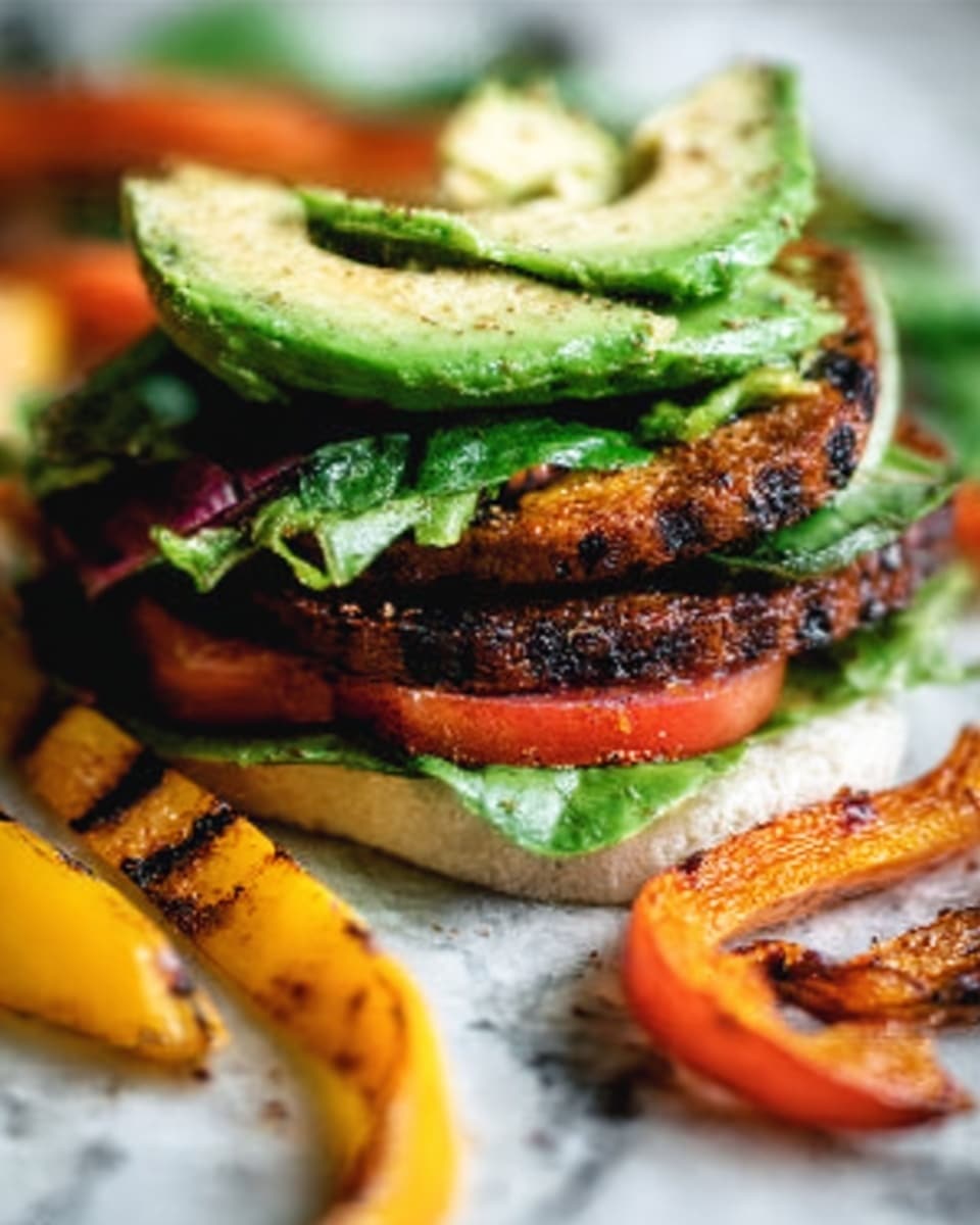 The image shows a close-up of a sandwich stacked with several layers. At the bottom is a white bun base, topped with a slice of red tomato and green lettuce leaves. Above this is a thick, dark brown grilled patty with visible char marks, covered by another layer of green leafy vegetables. A slice of fresh avocado rests on top of the patty, adding a creamy and smooth texture. Around the sandwich, there are yellow grilled bell pepper slices and roasted carrot sticks, all placed on a white marbled surface. The overall look is colorful and fresh, with a focus on the sandwich and its layered ingredients. Photo taken with an iphone --ar 4:5 --v 7