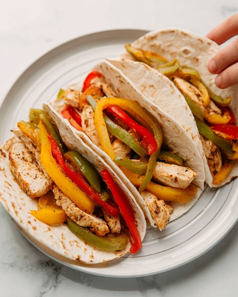 Three soft tortillas are filled with grilled chicken strips, layered with red, yellow, and green sliced bell peppers. The chicken pieces have a light brown grilled texture, while the peppers look fresh and slightly cooked, adding bright red, yellow, and green colors in each taco. The tortillas are folded and placed side by side on a white plate, set on a white marbled surface. A woman's hand is about to pick up one of the tacos. Photo taken with an iphone --ar 4:5 --v 7