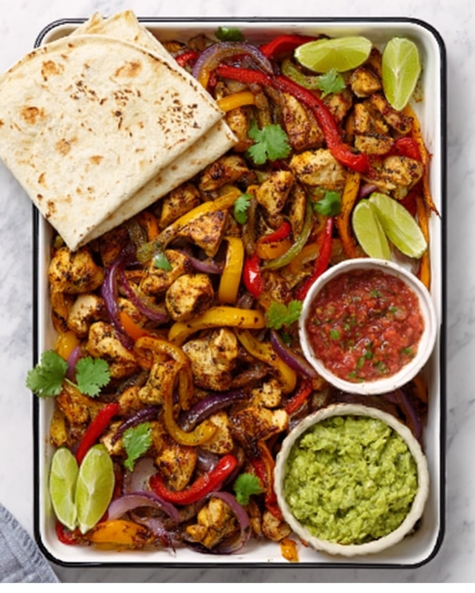 The image shows a white rectangular tray filled with cooked chicken pieces mixed with sliced red, orange, and yellow bell peppers and red onions, all lightly charred and seasoned. On the top and sides of the tray, there are lime wedges and sprigs of fresh cilantro scattered for garnish. At the top of the tray, there are two folded white tortillas. To the right side of the tray, there are two small white bowls, one filled with green guacamole and the other with red salsa. The whole scene rests on a white marbled surface. Photo taken with an iphone --ar 4:5 --v 7