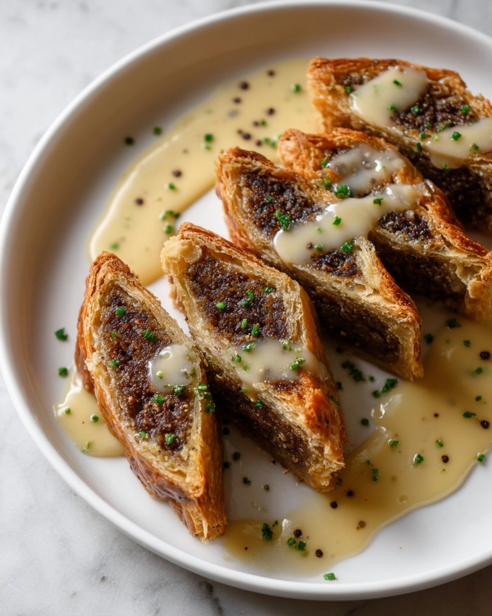 Four thick slices of a brown, flaky pastry are arranged on a white plate. Each slice shows a dark brown, textured filling inside the golden brown crust. A creamy, pale yellow sauce with small black specks is drizzled generously over the top and plate, with small green herb pieces sprinkled over the dish for garnish. The plate rests on a white marbled surface. Photo taken with an iphone --ar 4:5 --v 7