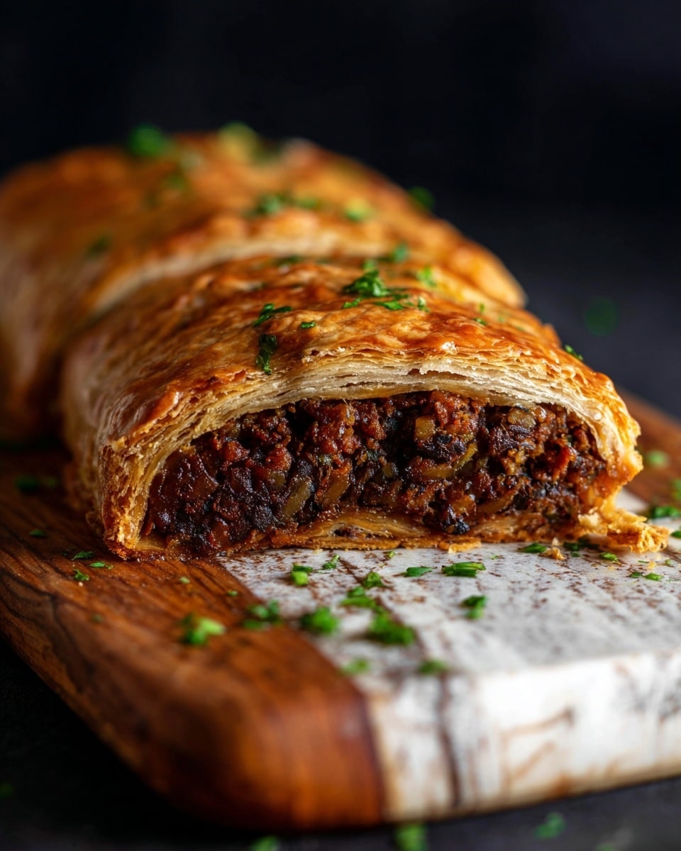 A sliced pastry roll is placed on a wooden board with a white marbled texture beneath, showing two layers: the golden-brown, flaky crust on the outside and a thick, dark brown filling inside with a rough, chunky texture made from minced or chopped ingredients. Small green herb pieces are sprinkled on top of the crust and around the board, adding color contrast. The background is dark, making the pastry roll the clear focus of the image. Photo taken with an iphone --ar 4:5 --v 7