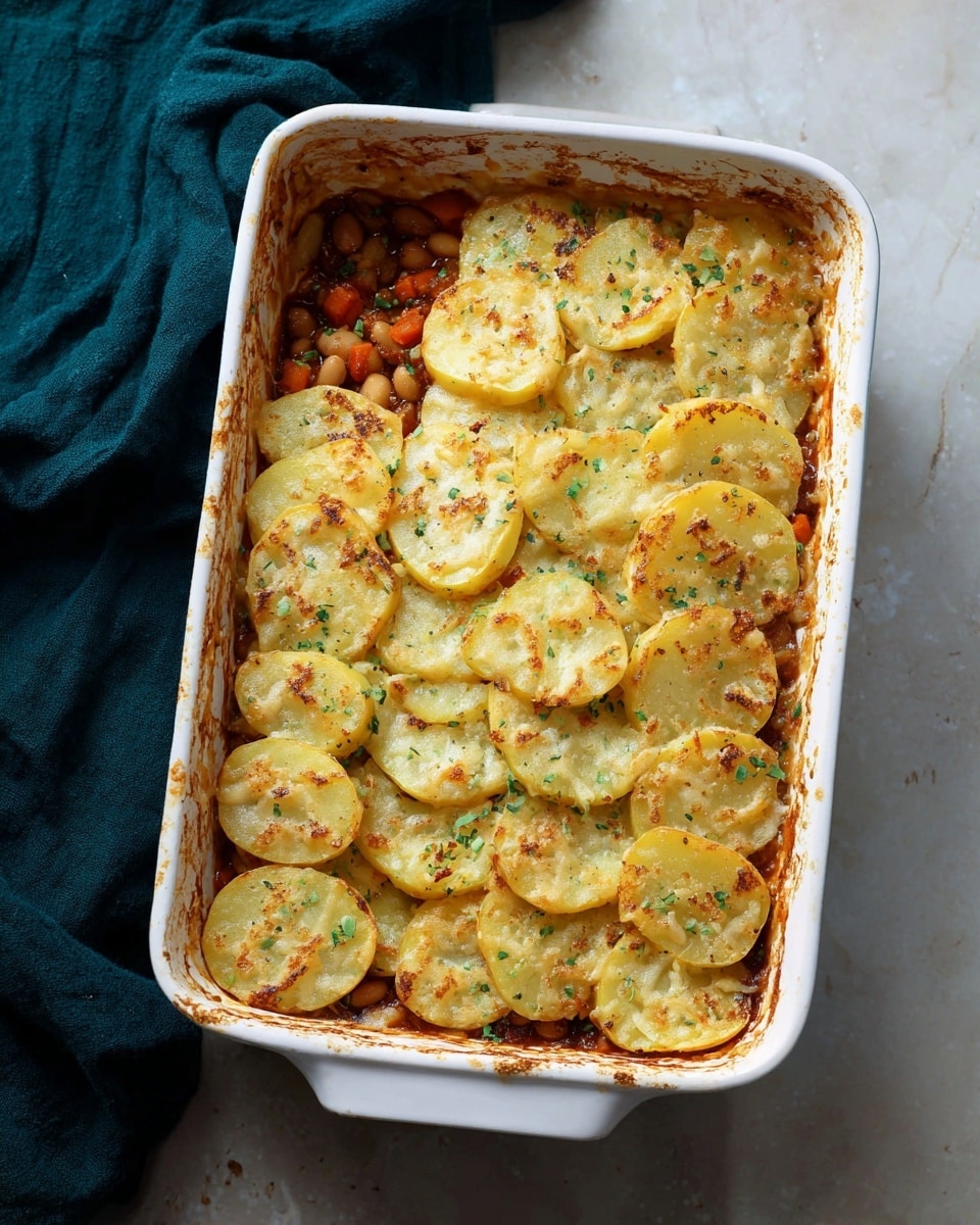 A white rectangular baking dish holds a layered casserole. The top layer is made of evenly sliced golden-brown potatoes with some slices showing slight crisp edges and small bits of grated cheese melted on top. Below the potato layer, a rich brown sauce mixed with visible small diced orange carrots and light-colored beans peeks through. The dish is garnished with small green herb pieces sprinkled over the potatoes. The edges of the baking dish show some baked-on brown spots from cooking. The baking dish sits on a white marbled textured surface, with a dark teal cloth placed nearby. Photo taken with an iphone --ar 4:5 --v 7