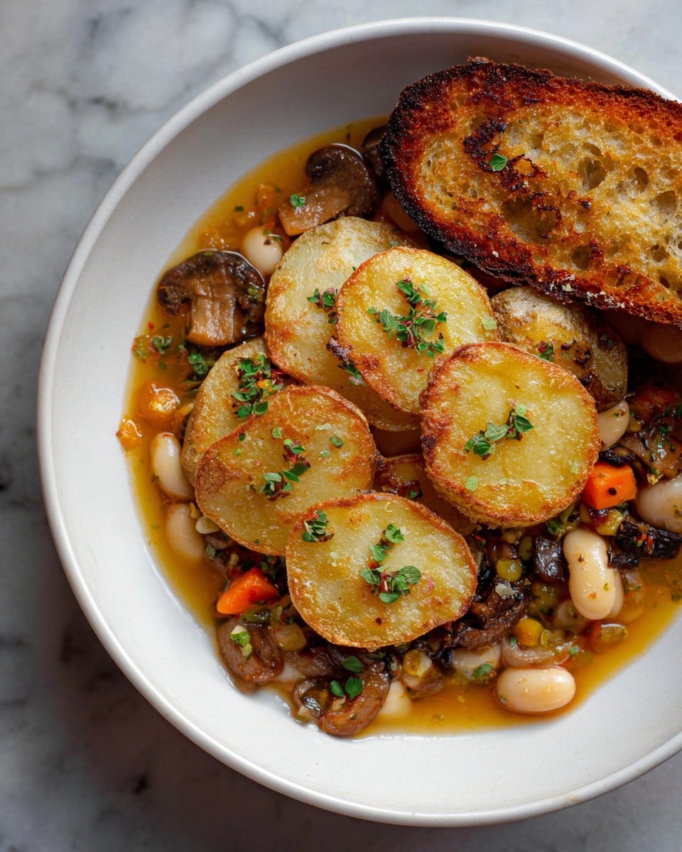 A white bowl holds a dish with several light brown, crispy potato slices arranged on top, each sprinkled with small green herb pieces. Beneath the potatoes is a colorful mix of dark brown mushrooms, white beans, and small orange carrot cubes in a thin light brown broth. On the side, a piece of toasted bread with a golden crust leans against the bowl’s edge. The bowl sits on a white marbled texture. photo taken with an iphone --ar 4:5 --v 7