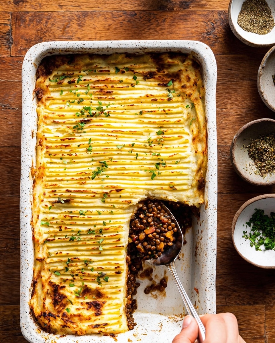 The dish is a baked casserole in a white speckled rectangular dish, with a top layer of golden brown mashed potatoes marked with evenly spaced ridges and some browned spots. The mashed potato layer is about one layer thick and is slightly raised around the edges with a few small green herb leaves scattered on top. A square section has been removed, revealing a dark brown cooked lentil filling mixed with diced vegetables underneath. A silver serving spoon is scooping out the lentil mix, held by a woman's hand at the bottom right corner. The dish sits on a wooden surface with two small white bowls filled with herbs and spices visible at the top right corner. Photo taken with an iphone --ar 4:5 --v 7
