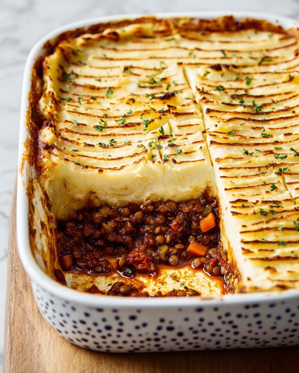 A white rectangular baking dish with dark blue dots on the sides holds a lentil shepherd's pie. The dish has two main layers: the top layer is smooth and creamy mashed potatoes with grilled golden-brown lines across the surface and small green herbs sprinkled on top; the bottom layer is a thick, dark brown lentil mixture with visible small pieces of carrots, celery, and tomatoes, which looks juicy and hearty. One corner of the pie is cut out, showing the two layers clearly inside the dish, which sits on a white marbled surface. photo taken with an iphone --ar 4:5 --v 7