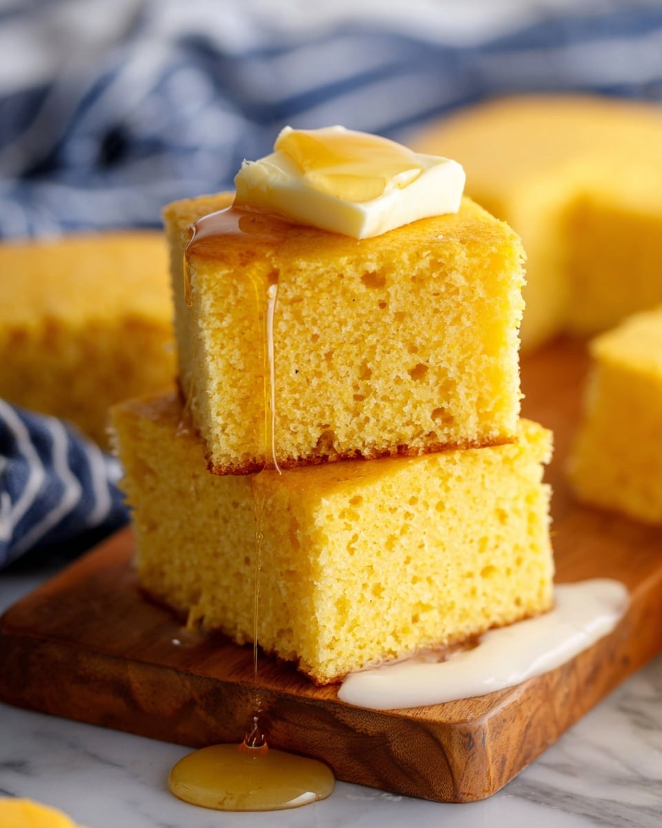 The image shows two pieces of thick, yellow cornbread stacked on a white and wooden board, with a smooth pat of butter melting on top of the upper piece. Honey is dripping down the sides of the stacked cornbread blocks, adding a glossy texture. The cornbread has a soft, crumbly texture with small holes throughout. In the background, more pieces of cornbread are placed on a white marbled surface, with a blurred blue and white striped cloth. Photo taken with an iphone --ar 4:5 --v 7