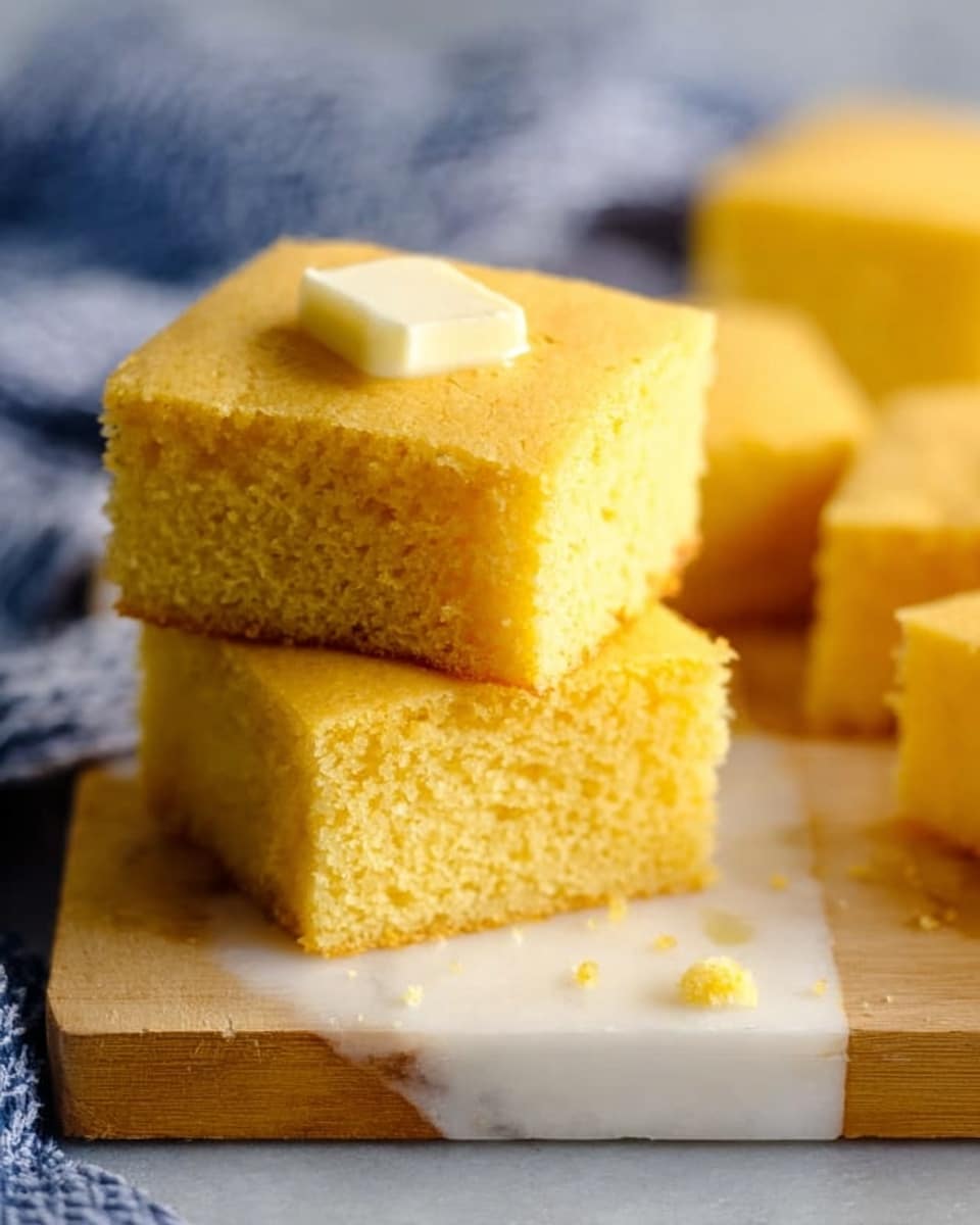 The image shows a stack of two square pieces of golden yellow cornbread on a white marbled wooden board, with the top piece having a small square of butter melting on it. The cornbread looks soft and crumbly with a smooth top layer, and more pieces of the same cornbread are scattered around the background, partly out of focus. The background includes a soft, blue and white blurred cloth, all set on a white marbled surface. photo taken with an iphone --ar 4:5 --v 7