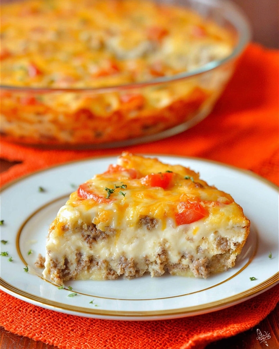 A slice of cheeseburger casserole sits on a white plate with a gold rim, placed on a bright orange cloth. The casserole slice shows three clear layers: the bottom layer is a mix of cooked ground beef with a crumbly texture and light brown color, the middle layer is creamy and light yellow, and the top layer is thick, melted cheese with a golden brown tint and small pieces of red tomato scattered throughout. There are small green herb bits sprinkled lightly on the plate as garnish. In the background, a larger glass casserole dish holds the rest of the casserole on the same orange cloth, with the dish showing a bubbly, golden cheese top. photo taken with an iphone --ar 4:5 --v 7