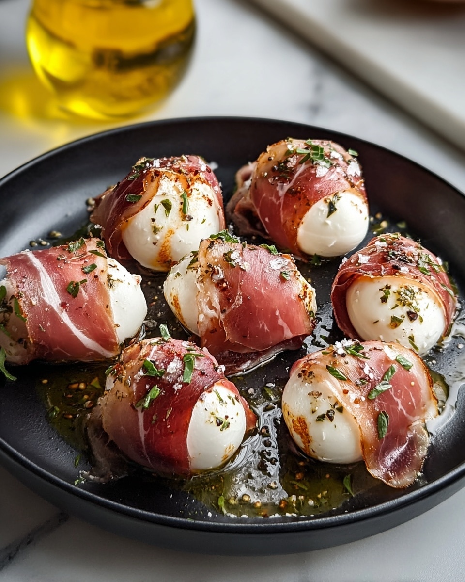 The image shows a round black plate holding nine pieces of food, each made of a small white mozzarella ball wrapped tightly in a thin slice of pinkish-red prosciutto. Each mozzarella ball is lightly grilled or charred on one side and sprinkled with green herbs and coarse salt. The prosciutto looks soft and slightly glossy with a few tiny folds. Underneath the wrapped mozzarella pieces, there is a drizzle of golden olive oil that pools slightly on the plate. The plate sits on a white marbled surface, and in the background, there is a blurred glass bottle filled with golden liquid, likely olive oil. Photo taken with an iphone --ar 4:5 --v 7