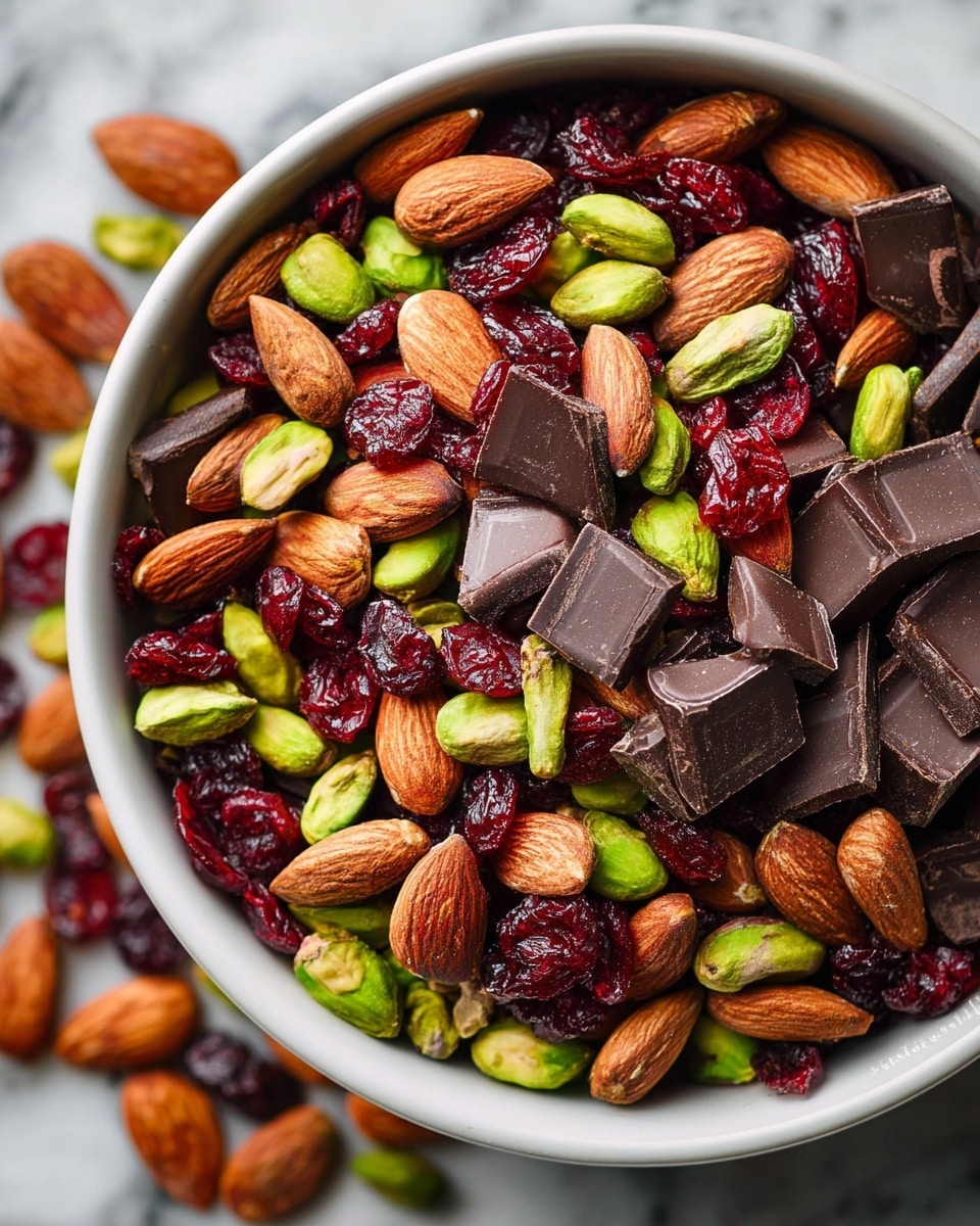 A close-up view of a white bowl filled with a mixture of whole almonds, bright green pistachios, pieces of dark chocolate chunks, and shiny deep red dried cranberries. The mix shows the rough textured almonds spread throughout, the smooth green pistachio nuts scattered in between, chunks of rich dark brown chocolate, and the glossy, wrinkled cranberries all layered together, creating a colorful and textured snack mix. The bowl is placed on a white marbled surface. photo taken with an iphone --ar 4:5 --v 7