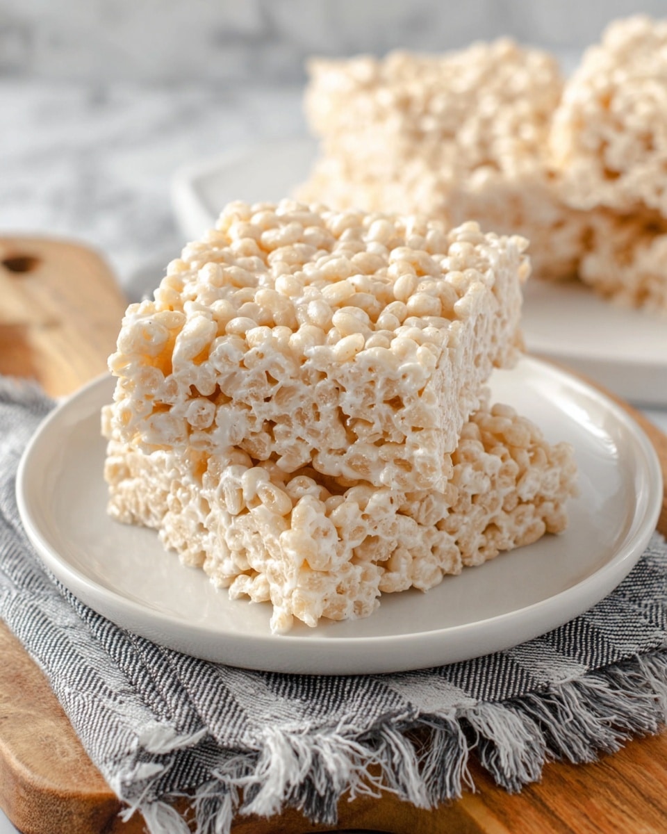 The image shows two square-shaped rice crispy treats stacked on a white plate, each treat made of puffed rice cereal held together by a glossy, creamy, light beige marshmallow layer that gives a slightly sticky and shiny texture. The treats have uneven, puffed surfaces with small air pockets visible, creating a bumpy and airy appearance. The plate is on top of a gray and white striped cloth with fringed edges, placed on a wooden board, all set against a white marbled surface. In the background, blurred rice crispy treats rest on the same surface. Photo taken with an iphone --ar 4:5 --v 7
