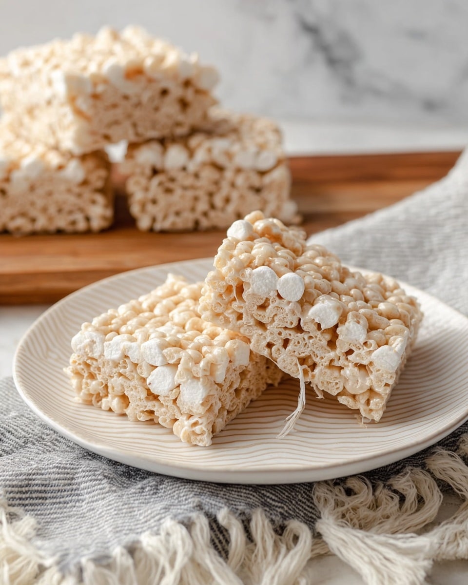 Two square cereal bars made of light beige puffed rice and marshmallow pieces sit on a white plate with a subtle zigzag pattern. The front bars are pulled apart slightly, showing sticky marshmallow strands stretching between them. The plate rests on a soft gray and white striped cloth with fringes, all placed on a wooden board. In the background, more cereal bars are stacked and slightly out of focus, set against a white marbled texture. photo taken with an iphone --ar 4:5 --v 7