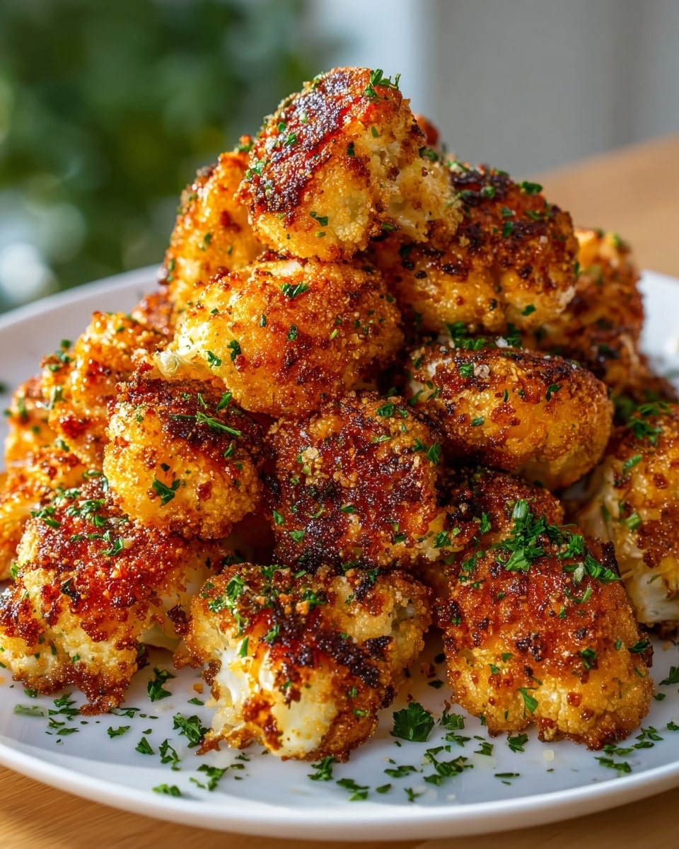 A pile of golden-brown, crispy fried cauliflower bites fills a white plate. Each cauliflower piece has a crunchy, slightly uneven texture with dark brown char spots and is sprinkled generously with finely chopped green parsley. The cauliflower pieces are stacked in layers, creating a rough pyramid shape, and some bits of parsley scatter onto the plate around them. The background is softly blurred with hints of green, and the plate sits on a white marbled surface. photo taken with an iphone --ar 4:5 --v 7