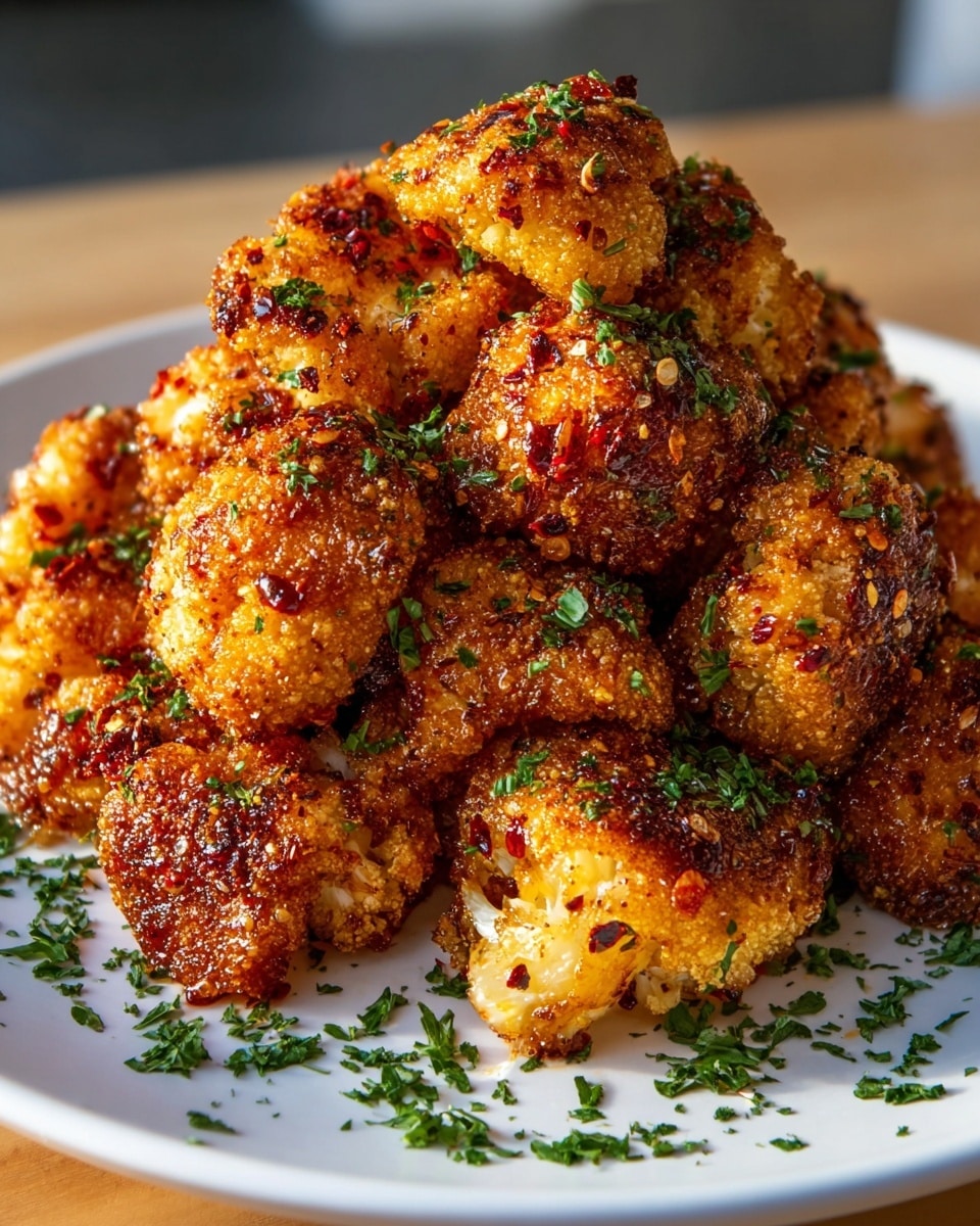 A white plate is filled with a large pile of golden-brown, crispy fried cauliflower florets, each piece coated with a crunchy, spiced crust that shows specks of red chili flakes and herbs. The cauliflower pieces are stacked in a mound, with a sprinkle of fresh green chopped parsley scattered evenly on top and around the plate, adding a touch of bright color. The texture looks crunchy and slightly oily, with well-roasted spots giving a deep brown contrast. The photo taken with an iphone --ar 4:5 --v 7
