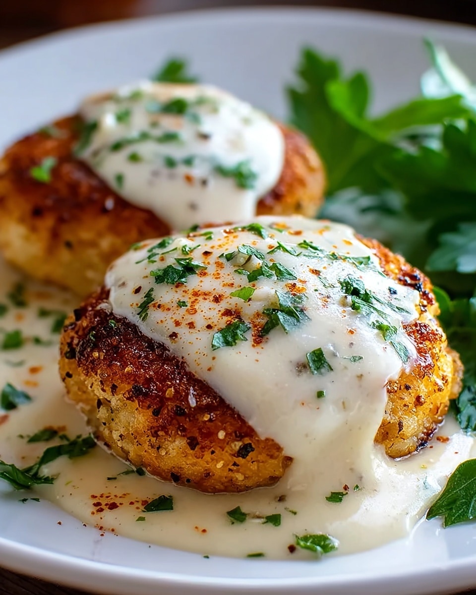 The image shows two golden-brown patties on a white plate, each topped with a thick, creamy white sauce sprinkled with green herbs and a light dusting of paprika or chili powder. The patties have a slightly crispy texture with visible specks of seasoning. The sauce pools slightly around the base of the patties, adding a smooth contrast to the rough texture of the patties. Fresh green parsley or cilantro leaves are placed around the edges of the plate, adding a fresh touch to the warm tones of the dish. Photo taken with an iphone --ar 4:5 --v 7