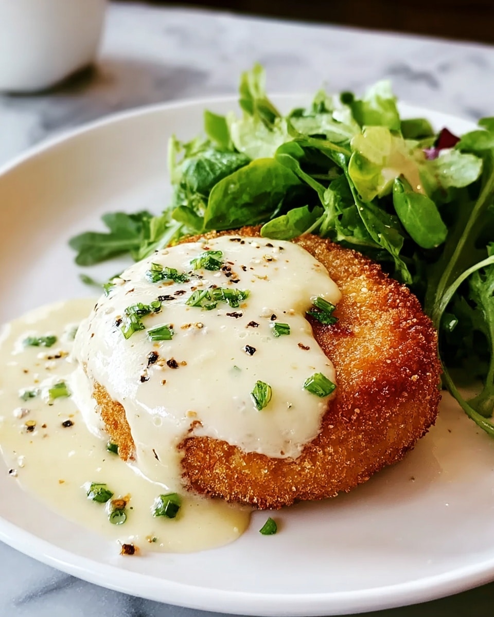 A golden brown round fried patty sits on a white plate, topped with a thick, creamy white sauce that spreads down the sides, sprinkled with small green herb pieces and black pepper flakes; to the right, a small pile of fresh green leafy salad adds a vibrant contrast. The plate is set against a white marbled texture. Photo taken with an iphone --ar 4:5 --v 7