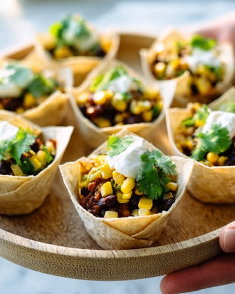 The image shows several small white tortilla bowls filled with a colorful mix of food. Each bowl has a base layer of black beans, topped with bright yellow corn, fresh green cilantro, and a dollop of white sour cream. The bowls are placed on a round wooden tray with a white marbled background. One woman's hand is gently holding one of the bowls on the edge of the tray. The light makes the colors of the food look fresh and vibrant. photo taken with an iphone --ar 4:5 --v 7