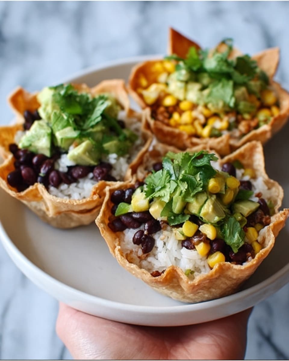 The image shows three soft taco bowls placed on a white plate. Each taco bowl contains several colorful layers: at the bottom is a light brown crunchy shell, then a layer of white rice, topped with black beans, bright yellow corn, diced green avocado, and small pieces of chopped green cilantro on top. The texture varies from crunchy taco shells to soft rice and creamy avocado chunks. There is a woman's hand holding one of the taco bowls on the right side. The background is a white marbled surface. Photo taken with an iphone --ar 4:5 --v 7