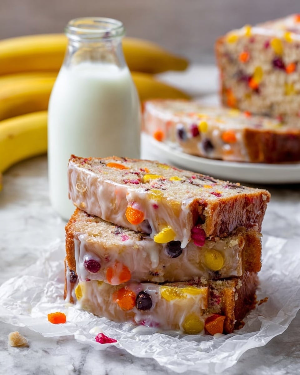 The image shows a stack of three thick slices of colorful candy-studded cake on crumpled parchment paper, placed on a white marbled surface. Each slice has multiple visible layers of light brown cake mixed with chunks of brightly colored candies in orange, yellow, purple, and red, with a glossy, sugary glaze dripping between some layers, giving it a moist and shiny texture. Behind the stack, more slices of the same cake rest on a white plate, and a clear glass bottle filled with milk stands next to it. In the background, there are several uncooked bananas adding a soft yellow color. The photo taken with an iphone --ar 4:5 --v 7