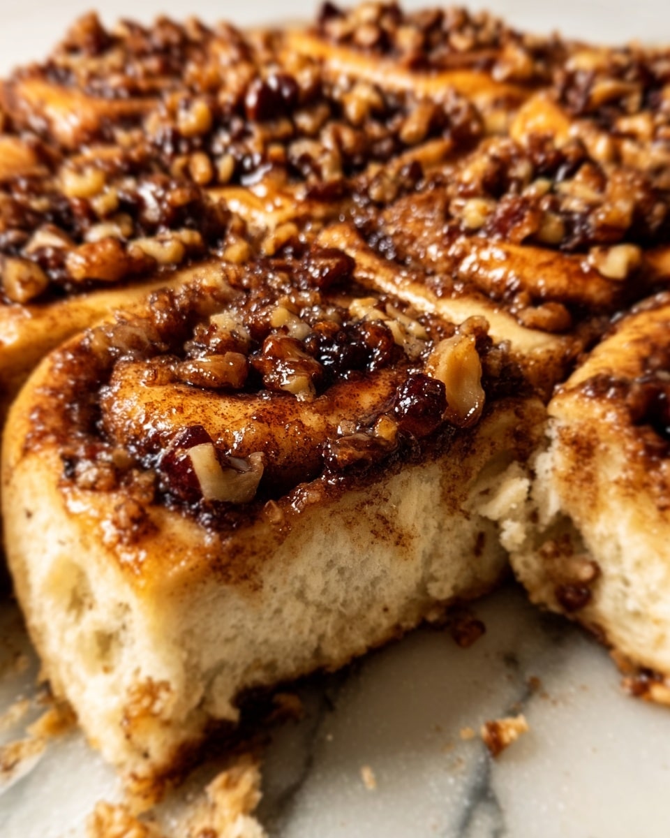 A close-up of a sliced cinnamon roll with several layers visible, showing a soft, golden-brown dough with a thick, dark brown cinnamon sugar filling swirled inside. The top of the roll is covered with a glossy layer of dark caramelized nuts and small bits that add texture and crunch, giving a rich and inviting look. The rolls are placed on a white marbled surface, with the soft dough and crunchy topping contrasting nicely. Photo taken with an iphone --ar 4:5 --v 7