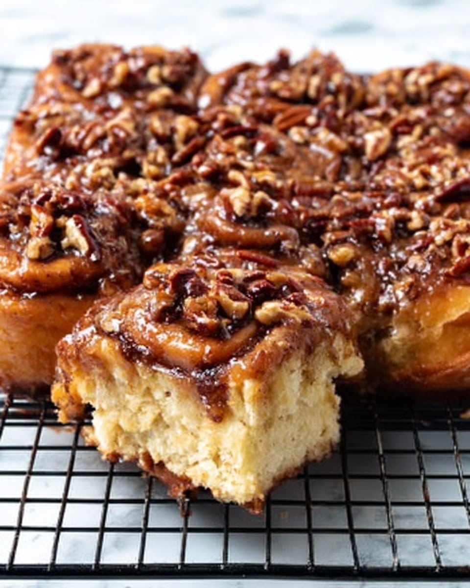 The image shows several thick, square pieces of cinnamon roll with gooey, melted caramel and chopped pecans on top. The rolls have a golden brown crust, with soft, fluffy, light yellow dough inside. The caramel topping is shiny and covers the pecans completely, giving a rich texture on top. The pieces are placed close together on a black cooling rack, which rests on a white marbled surface. One piece is slightly pulled away from the rest, showing the layers of soft dough and sticky caramel with nuts. The scene looks warm and fresh, with a cozy feeling. photo taken with an iphone --ar 4:5 --v 7