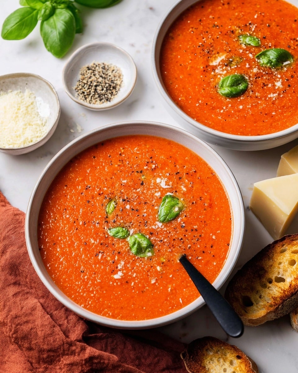 The image shows two white bowls filled with thick orange-red tomato soup, each bowl garnished with small green basil leaves and specks of black pepper on the surface. A woman’s hand is dipping a large, golden-brown toasted bread slice with a crispy crust and airy texture into the front bowl of soup. In the foreground, there is a white plate holding two more pieces of similar toasted bread with visible soft interiors. The bowls and plate are set on a white marbled surface with a green dish of grated cheese and a black bowl with pepper in the background, creating a fresh and inviting setting. Photo taken with an iphone --ar 4:5 --v 7