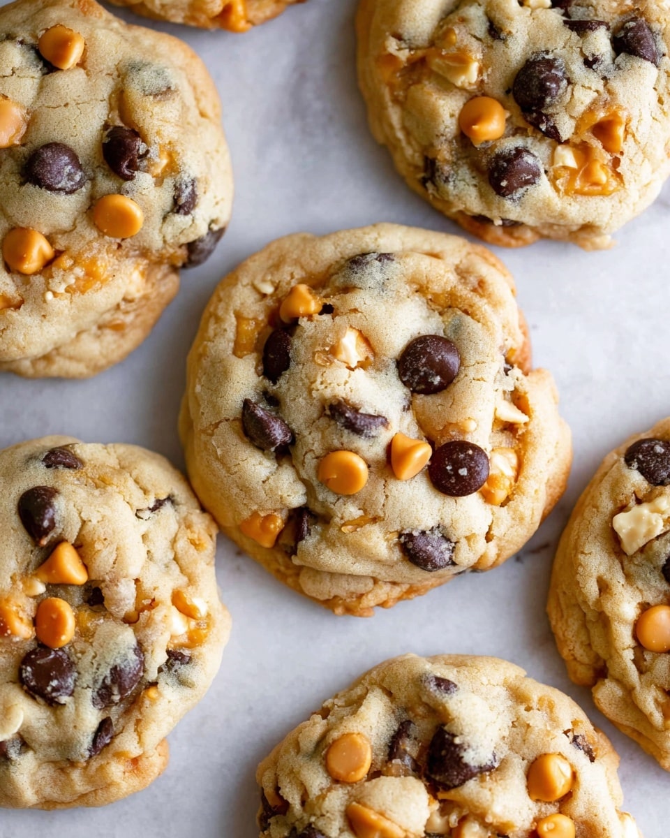 The image shows several soft, thick cookies with a light golden-brown color, each topped with dark brown chocolate chips and bright orange butterscotch chips. The cookies have a slightly bumpy texture with some chips partially melted into the surface, creating a mix of smooth and rough spots. They rest directly on a white marbled surface, with the cookies overlapping slightly. The chips are scattered unevenly, adding contrast to the pale dough. Photo taken with an iphone --ar 4:5 --v 7
