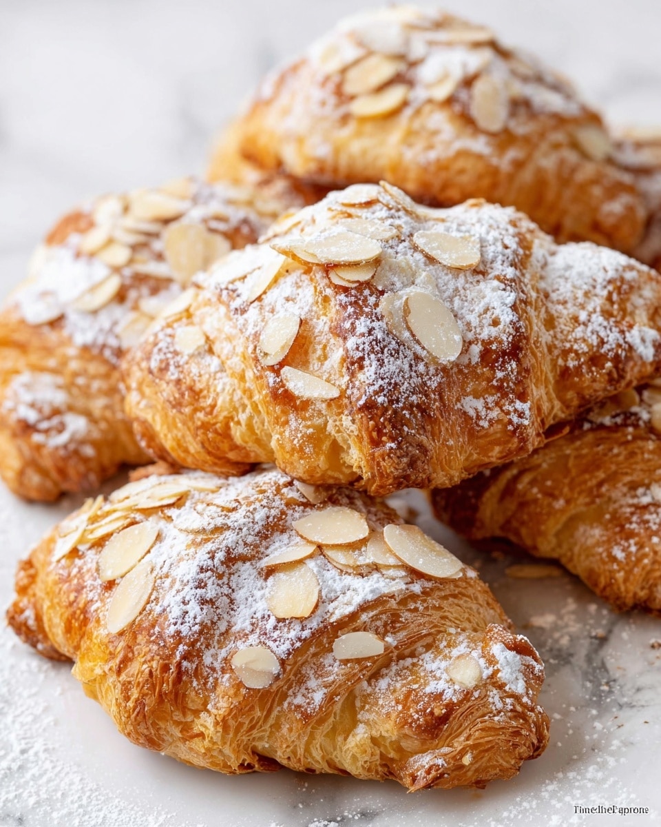 The image shows a close-up of a sliced almond croissant placed on a white marbled surface. The croissant has a golden brown, flaky outer layer with visible toasted almond slices on top, dusted generously with white powdered sugar. The inside reveals soft, airy, and light yellow layers that look tender and moist, showing the croissant's delicate texture. Surrounding the main sliced croissant are several whole almond croissants with similar golden-brown crusts and powdered sugar dusting. photo taken with an iphone --ar 4:5 --v 7