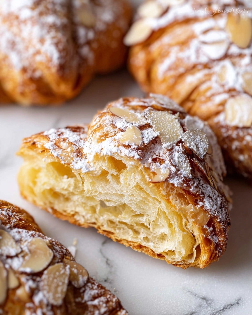 This image shows several golden-brown croissants piled together on a white marbled surface. Each croissant is topped with thinly sliced almonds that add texture and a light crunch. They are dusted generously with white powdered sugar, giving them a soft, snowy appearance on top. The croissants have a flaky, layered crust and a slightly curved shape, indicating their multiple delicate layers inside. The whole scene looks warm and inviting, with the croissants closely packed, showing their rich, buttery, and crisp texture clearly. Photo taken with an iphone --ar 4:5 --v 7