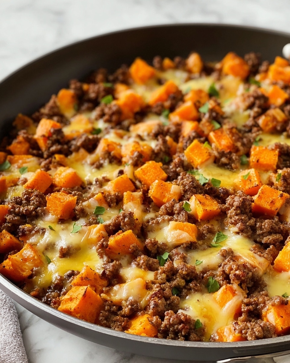 A close-up of a round metal pan filled with a cooked dish featuring small brown ground meat pieces mixed with bright orange cubed vegetables, likely sweet potatoes, and bits of red tomato. Melted yellow and white cheese is spread unevenly over the top, creating a creamy texture that blends with the meat and vegetables. Fresh green cilantro leaves are scattered across the dish for a pop of color. A wooden spoon rests inside the pan on the left side, partially covered by the food. The pan is placed on a white marbled surface. Photo taken with an iphone --ar 4:5 --v 7
