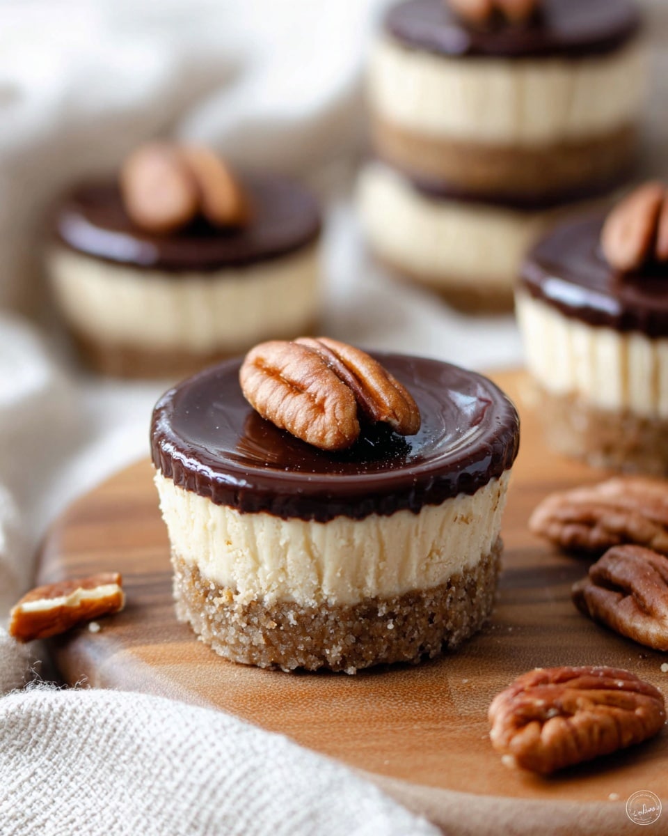 The image shows a close-up of a small dessert with three layers. The bottom layer is crumbly and light brown, looking like a firm cookie crust. The middle layer is thick, creamy, and light beige, slightly rough in texture and holding the top layer. The top layer is a smooth, glossy dark chocolate circle with a whole pecan nut placed right in the center. The dessert sits on a wooden surface with some loose pecan nuts around it. In the background, there is a soft white cloth and a blurred stack of similar desserts. photo taken with an iphone --ar 4:5 --v 7