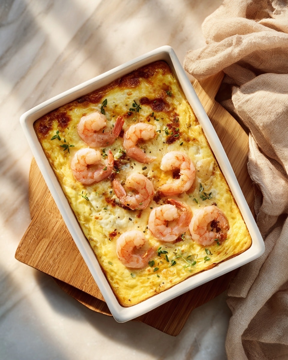 The image shows a rectangular white ceramic dish filled with a baked shrimp casserole. On top, there are several pink cooked shrimp, arranged over a yellow, creamy cheese layer with some browned spots and small green herbs sprinkled around. The casserole rests on a light wooden board, placed on a white marbled surface with soft sunlight casting gentle shadows. To the right, a beige cloth is casually draped, adding a cozy touch. photo taken with an iphone --ar 4:5 --v 7