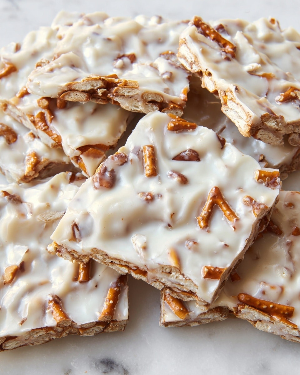 The image shows several pieces of brittle-like snack stacked closely on a white marbled surface. Each piece has two visible layers: the base layer is made of crunchy pretzel pieces in shades of light and dark brown broken into small sticks and bits, scattered unevenly throughout. The top layer is a thick, creamy white coating that smoothly covers the pretzels, binding the pieces together, with a slightly glossy texture that suggests softness. The edges of the broken pieces are rough and irregular, revealing the crunchy pretzel bits inside. Photo taken with an iphone --ar 4:5 --v 7