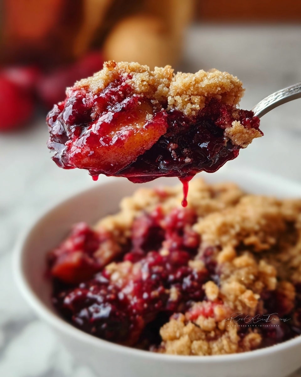 The image shows a close-up of a spoonful of fruit crumble held above a white bowl filled with the same dessert. The crumble has two main layers: a vibrant deep red fruit layer made of soft, juicy berries and fruits, and a golden-brown crumbly topping that looks crunchy and slightly coarse. The spoon is silver and angled, lifting a generous scoop of the mixed textures, with some sticky fruit juice dripping slightly. The background is softly blurred with warm tones and a white marbled surface underneath. photo taken with an iphone --ar 4:5 --v 7