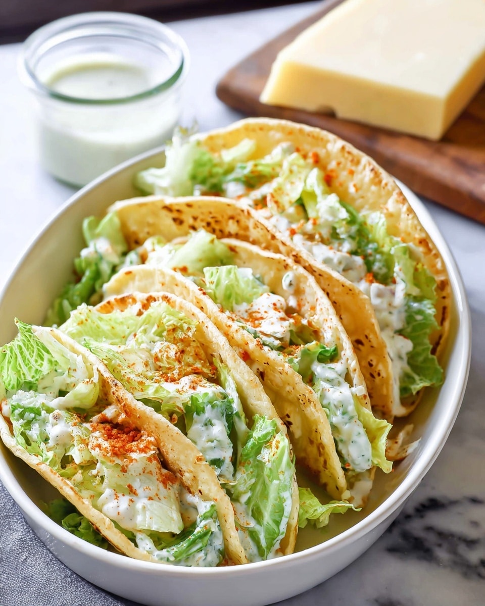Three tacos sit side by side on a white oval plate placed on a white marbled surface. Each taco has a light golden-brown flatbread folded in half to hold the fillings. Inside, there is a layer of green lettuce with creamy white dressing drizzled over the top, sprinkled with small brown and black seasoning bits. The lettuce leaves look fresh and slightly crisp. The image shows a close-up view emphasizing the texture of the flatbread and the creamy salad inside. photo taken with an iphone --ar 4:5 --v 7
