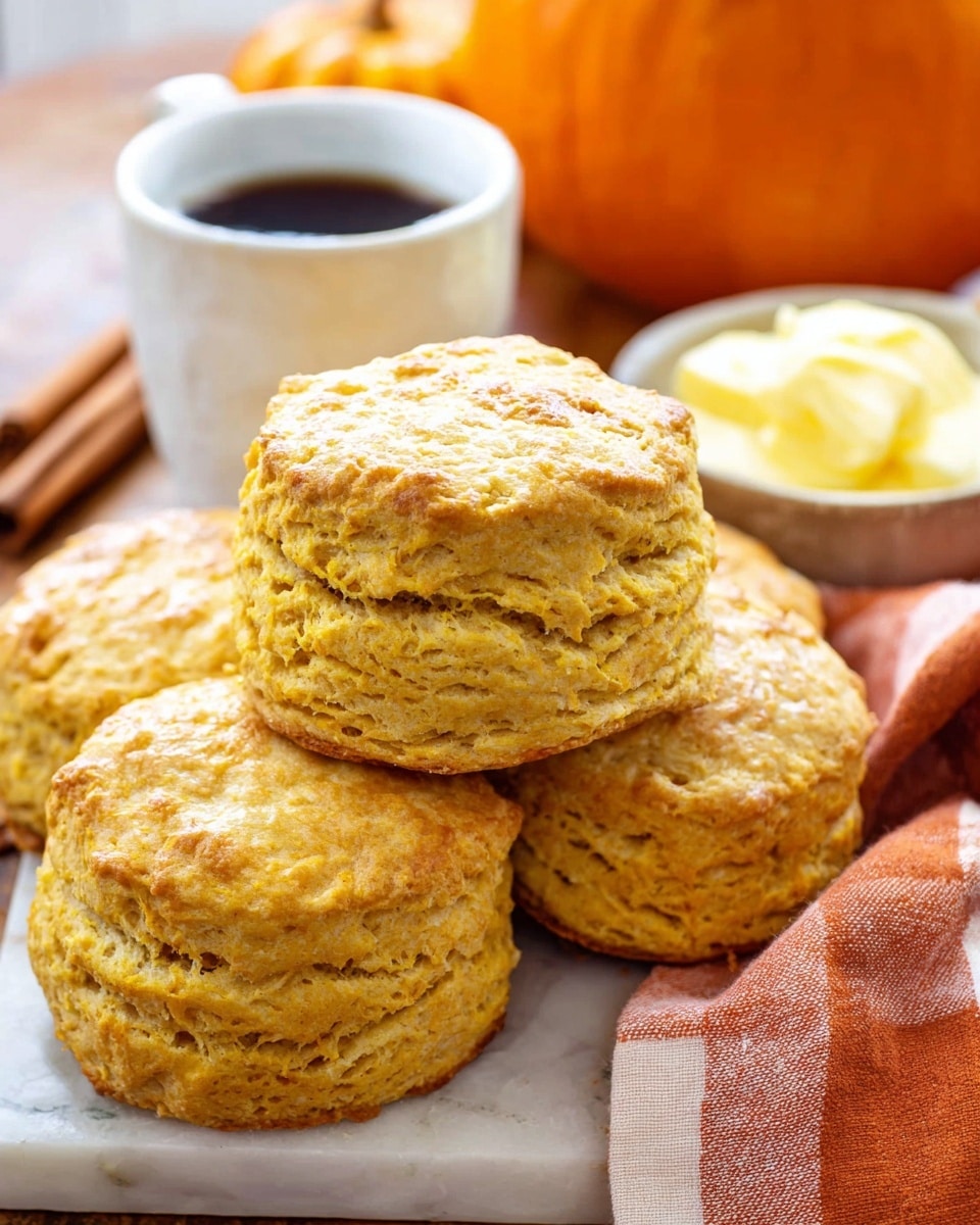 A close-up image of a golden brown biscuit split into two halves on a wooden surface with a white marbled texture. The top biscuit half is spread with a thick layer of creamy, pale yellow butter. Behind the biscuit, there is a stack of more biscuits on a wooden board. To the left, a small white pitcher filled with dark syrup sits beside cinnamon sticks and an orange-and-white checkered cloth. In the background, a whole orange pumpkin and a small white bowl with butter are partially visible. The scene feels warm and cozy, with soft natural lighting. photo taken with an iphone --ar 4:5 --v 7