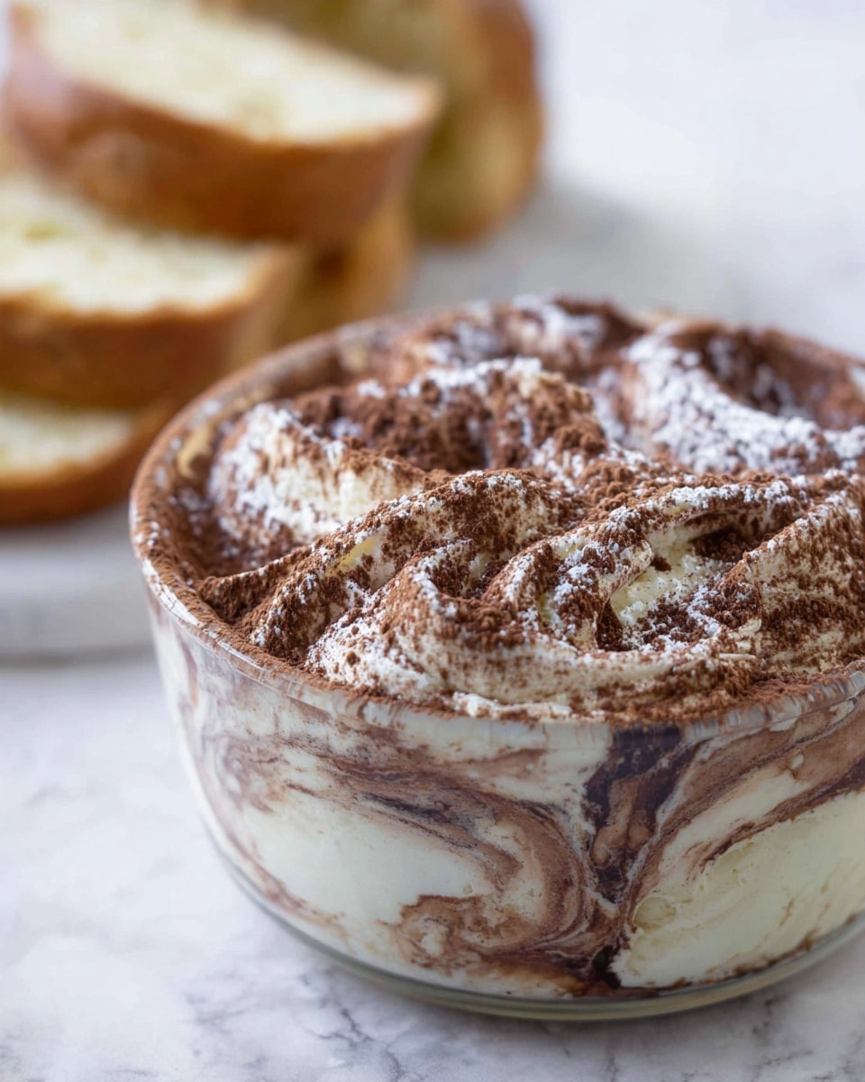 The image shows a clear glass bowl filled with a swirled dessert that has two main layers; the bottom layer is a pale, creamy color with a smooth texture, while the top layer is a mix of dark brown cocoa powder and white powdered sugar scattered unevenly, creating a marbled effect. In the background, there is a soft focus of slices of bread or a similar baked item with a light golden-brown crust and cream-colored inside, placed on a white marbled surface. The photo is taken from a close angle, emphasizing the soft and fluffy texture of the dessert. photo taken with an iphone --ar 4:5 --v 7