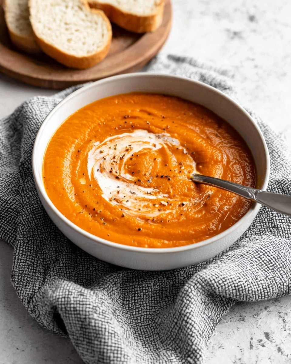 A white bowl filled with thick, smooth orange soup is placed on a soft gray textured cloth over a white marbled surface. The soup has a swirl of white cream on top, accented with small black pepper specks. A silver spoon is resting inside the bowl, slightly submerged in the soup. In the background, there are two slices of light bread with a soft crumb on a wooden board. photo taken with an iphone --ar 4:5 --v 7