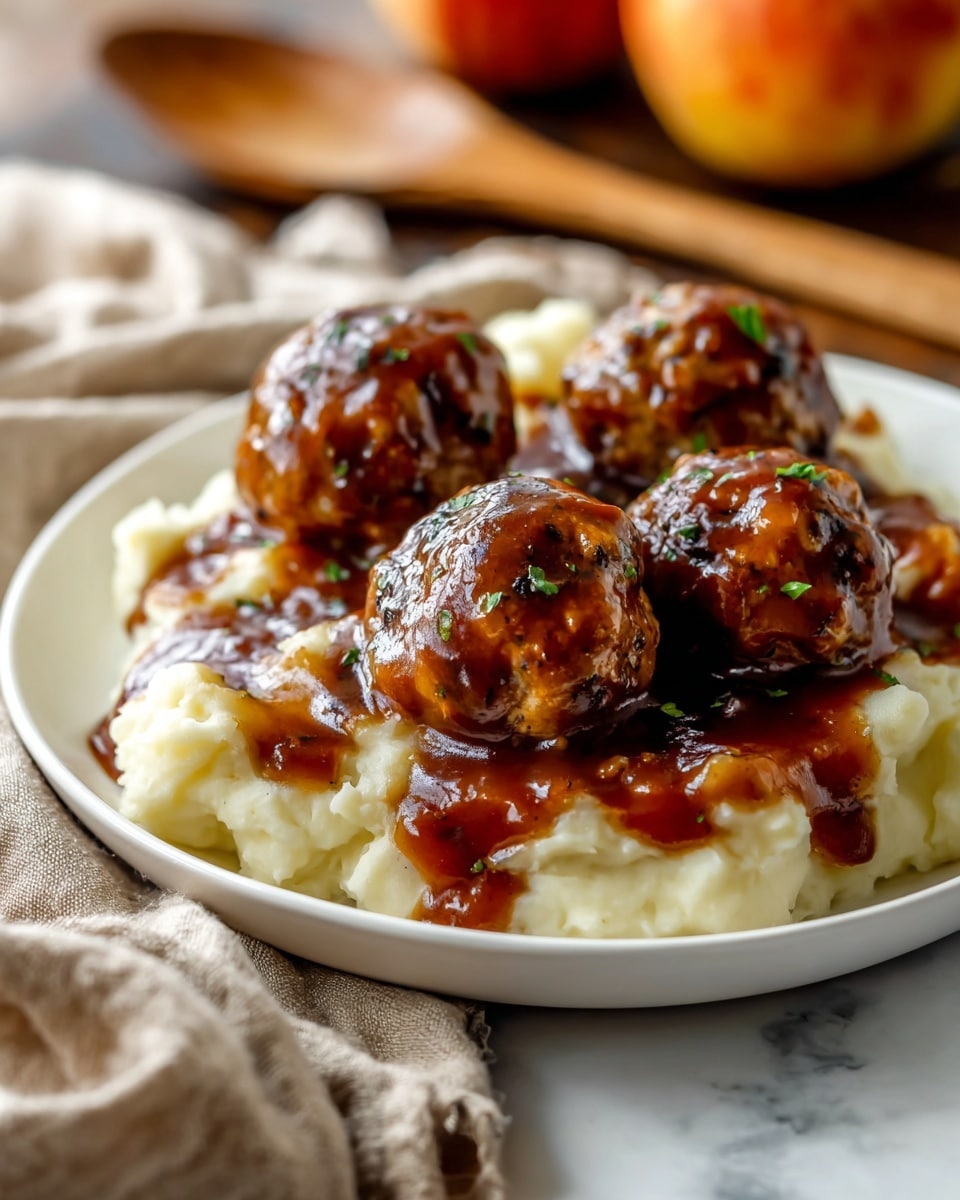 The image shows a close-up of a white plate on a white marbled surface, filled with creamy mashed potatoes as the base layer, smooth and slightly lumpy in texture. On top of the mashed potatoes are five brown meatballs with visible bits of herbs or vegetables inside, covered in a thick, shiny dark brown gravy that drips down the sides of the meatballs and onto the potatoes. The background includes a blurred orange object, possibly an apple, and a wooden spoon, creating a cozy and warm atmosphere. photo taken with an iphone --ar 4:5 --v 7