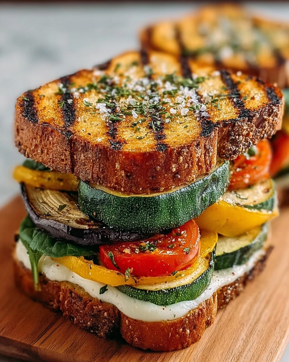 A close-up of a grilled sandwich placed on a wooden board, showing two thick slices of golden brown bread with dark grill marks and sprinkled with green herbs and coarse salt on top. Inside, the sandwich has several layers: a bottom layer of white melted cheese, a layer of fresh green spinach leaves, followed by grilled vegetable slices including green zucchini, yellow squash, eggplant, and bright red tomato, all showing char marks. The sandwich looks thick and hearty, with a crunchy crust and soft, colorful vegetables inside. The background is a white marbled texture. Photo taken with an iphone --ar 4:5 --v 7