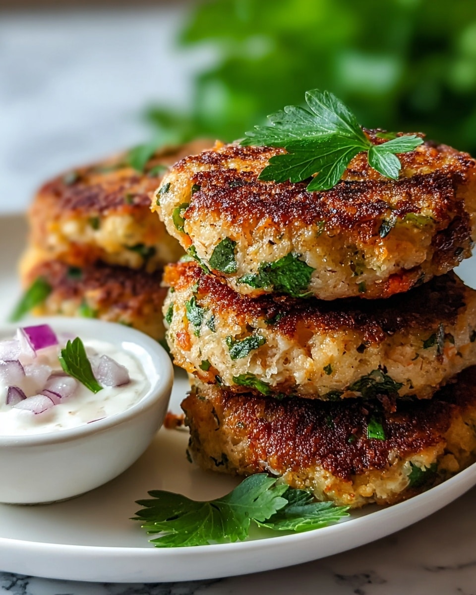 The image shows a close-up of four golden-brown patties stacked closely on a white plate. Each patty has a crispy, browned outer layer with visible green herb pieces and small bits of orange inside, suggesting a mixture of fresh ingredients. The texture looks slightly rough and crumbly yet well-cooked, with some bright green parsley leaves on top for garnish. To the left side of the plate, there is a small white bowl filled with a creamy white sauce, topped with small pieces of purple onion. The scene is set on a white marbled surface with a blurred green leafy background. photo taken with an iphone --ar 4:5 --v 7
