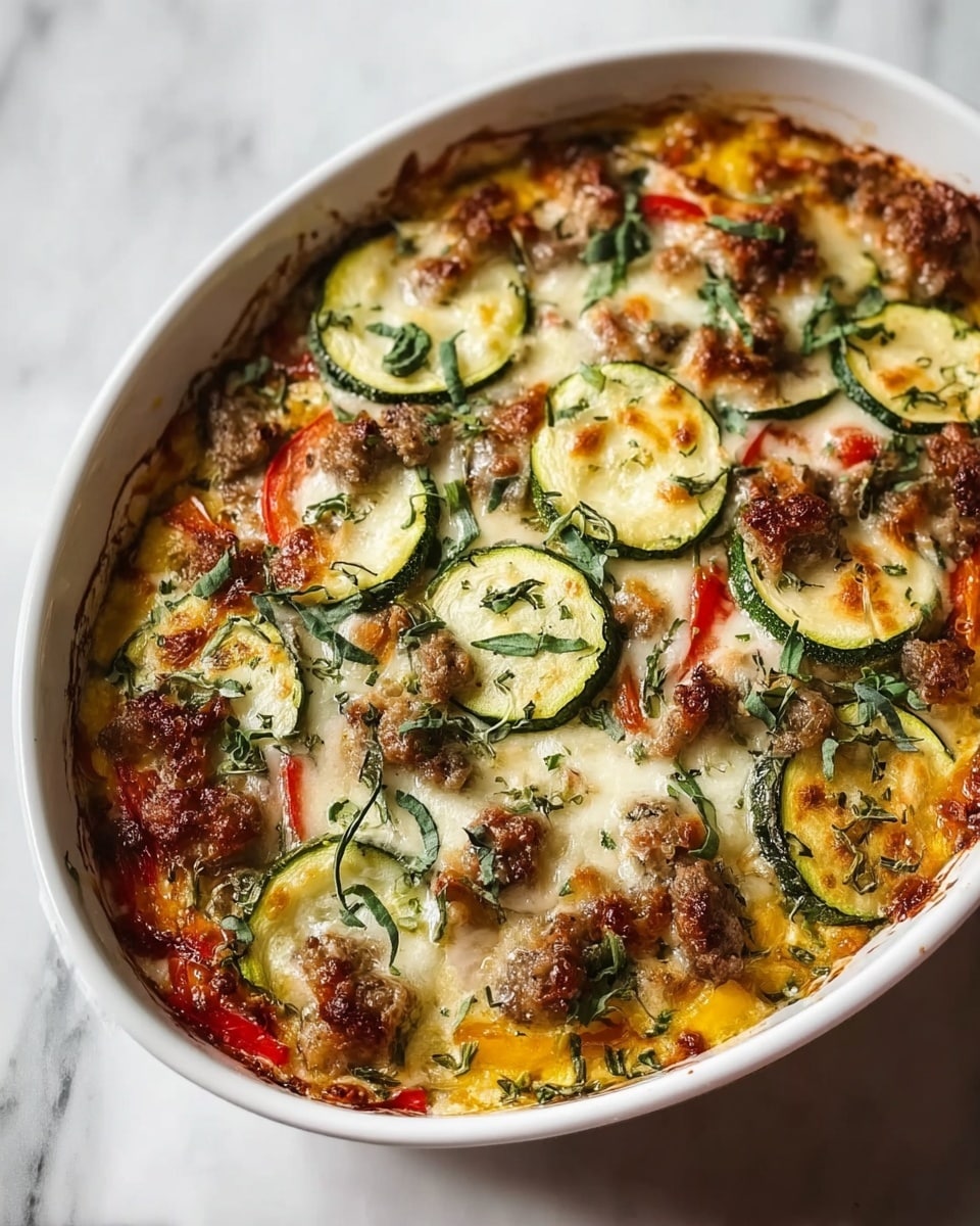 The dish is a baked casserole in a white oval dish. The bottom layer shows a mix of yellow and red bell pepper pieces. Above that, there are cooked sausage chunks scattered around. The next layer consists of thinly sliced green zucchini arranged in overlapping circles. The entire top is covered with melted cheese that is slightly browned and bubbly, with fresh green herb leaves sprinkled evenly over it. The dish sits on a white marbled texture surface. Photo taken with an iphone --ar 4:5 --v 7