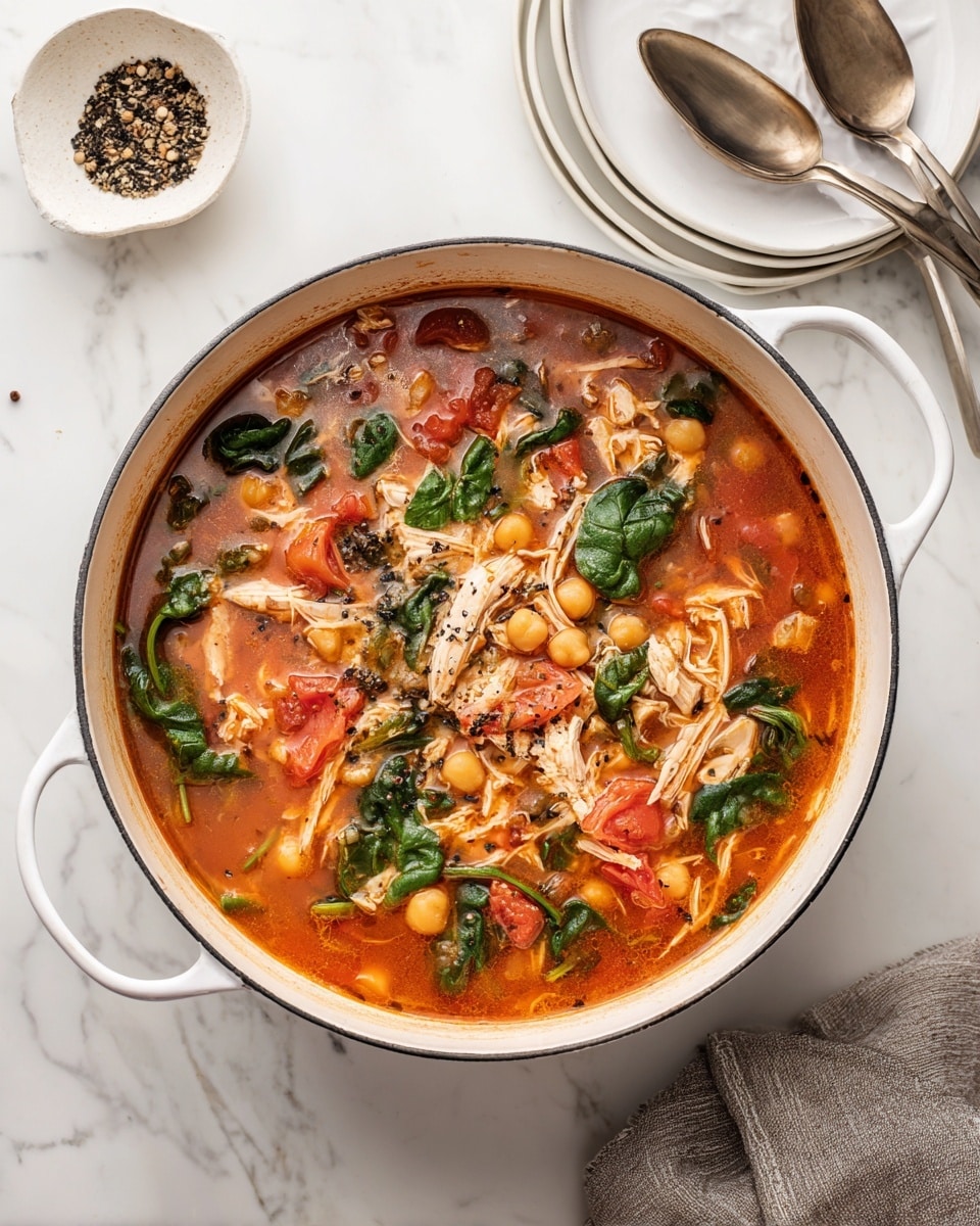 A white pot filled with a thick soup sits on a white marbled surface. The soup has several layers: a base of red broth mixed with chunks of diced tomatoes and orange chickpeas spread evenly throughout. There are green spinach leaves floating on top, mixed with thin strips of shredded chicken scattered across the surface. The broth has small black pepper specks sprinkled over it, adding texture. To the side of the pot, there is a small white dish with cracked black pepper, and a stack of white plates with two spoons resting on them. Photo taken with an iphone --ar 4:5 --v 7