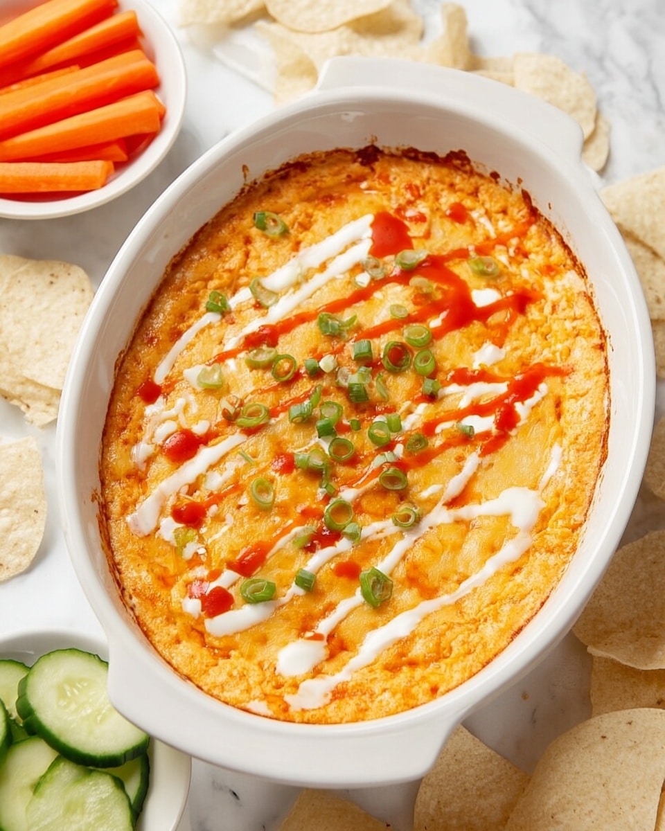 A close-up of a creamy orange dip served in a white bowl, featuring a smooth and slightly chunky texture with visible small pieces mixed in. The dish is topped with thin white sauce drizzles and bright green chopped scallions scattered evenly on top. Drops of vibrant red sauce add color contrast, and a single light beige tortilla chip is placed partially dipped into the dip. The bowl sits on a white marbled surface, enhancing the fresh and appetizing look of the dish. photo taken with an iphone --ar 4:5 --v 7