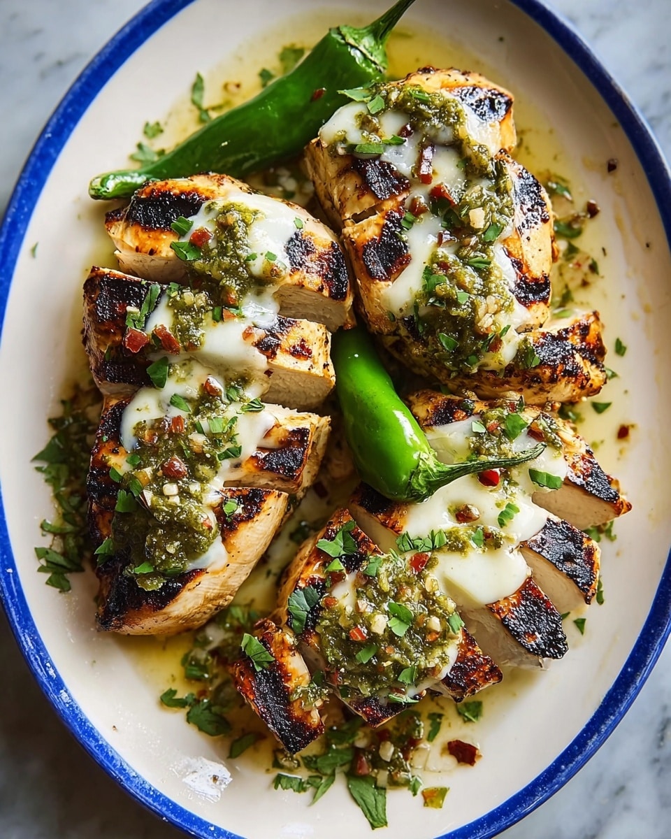 A white plate with a blue rim holds three grilled chicken breasts cut into thick slices and arranged side by side. Each piece of chicken is topped with melted white cheese and a green sauce scattered unevenly to create texture, with flecks of red and chopped green herbs sprinkled all over. Two whole green chili peppers rest on the plate, adding a fresh pop of color. The chicken has char marks that give a slightly blackened, crispy texture on the edges. The plate sits on a white marbled surface. Photo taken with an iphone --ar 4:5 --v 7