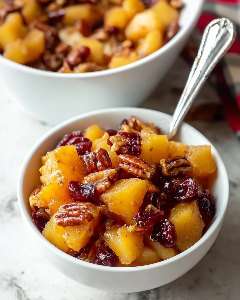 The image shows a white bowl filled with a warm fruit and nut dish. The bottom layer has soft golden-yellow cooked apple pieces that look slightly shiny and tender. Mixed into the apples are dark reddish dried cranberries adding color contrast and chewy texture. On top and throughout the bowl, there are toasted brown pecans giving a crunchy element. The mixture looks moist and glossy with a hint of spice, likely cinnamon or nutmeg, clinging to the fruit and nuts. In the background, there is a larger white bowl filled with more of the same dish, and a silver spoon rests inside the smaller bowl. The surface is a white marbled texture. photo taken with an iphone --ar 4:5 --v 7