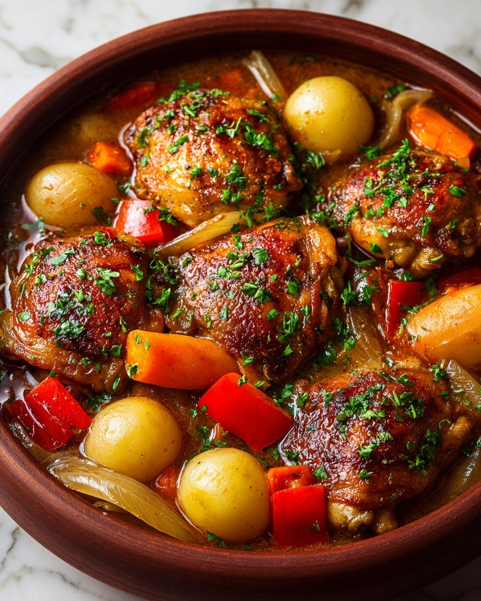 A close-up view of a brown bowl filled with a stew showing four pieces of golden-brown roasted chicken thighs on top, each with a slightly crispy texture and sprinkled with chopped green herbs. Around the chicken are several cooked whole baby potatoes with light golden skins, bright orange carrot chunks, red bell pepper pieces, and translucent cooked onion layers. The dish is covered in a glossy brown sauce that looks rich and flavorful, with the herbs adding a fresh touch. The bowl is placed on a white marbled textured surface. photo taken with an iphone --ar 4:5 --v 7