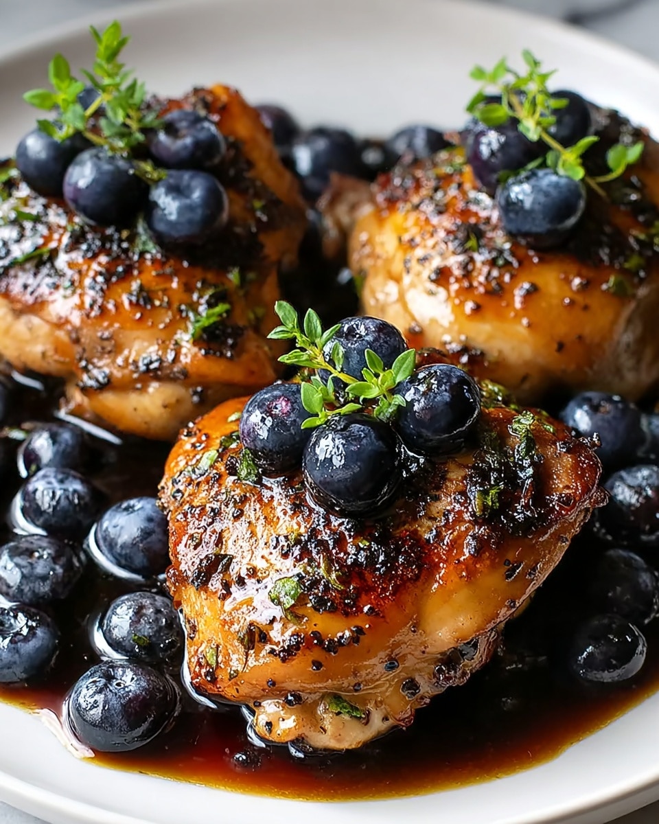 The image shows three pieces of grilled chicken placed close together on a white plate on a white marbled surface. Each chicken piece is golden brown with visible char marks and a shiny glaze, covered with small black seasoning bits. On top of each piece, there are clusters of dark, glossy blueberries and small green herb sprigs that add a fresh touch. More blueberries are scattered around the base of the chicken, and a dark syrupy sauce pools slightly on the plate underneath the chicken, creating a rich contrast to the lighter meat. photo taken with an iphone --ar 4:5 --v 7