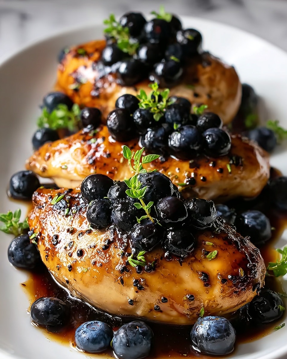 Three grilled chicken thighs are arranged on a white plate, each piece showing a golden-brown and slightly charred surface with visible black pepper and seasoning specks. The chicken is shiny with a glaze of dark sauce pooling below and around the pieces. On top of each thigh, there is a small cluster of fresh blueberries and a sprig of green herb, adding a pop of color with their deep blue and vibrant green hues. Additional blueberries are scattered around the chicken, resting in the sauce that reflects light. The setting is on a white marbled textured surface, enhancing the clean and fresh appearance of the dish. photo taken with an iphone --ar 4:5 --v 7