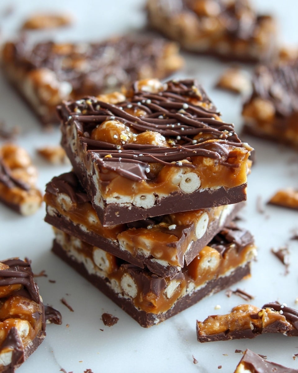 The image shows square pieces of a treat stacked and spread on a white marbled surface. Each piece has three layers: a bottom layer of dark chocolate with a smooth texture, a middle layer of light brown caramel covering light golden pretzel sticks, and a top layer of dark chocolate drizzled in a crisscross pattern. The caramel appears shiny and gooey, while the pretzels add a crunchy, irregular texture. Small broken bits and crumbs of chocolate and pretzel are scattered around the pieces. Photo taken with an iphone --ar 4:5 --v 7